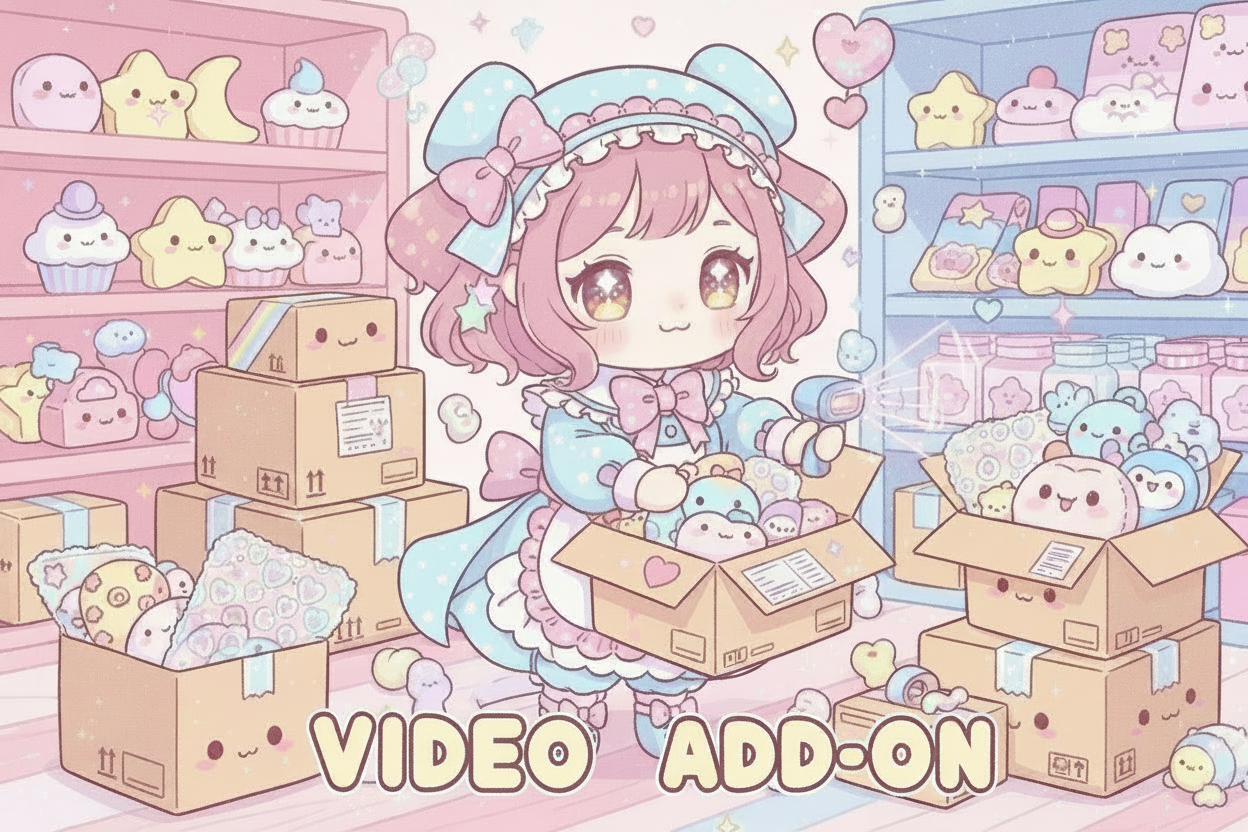 create a kawaii/Sanrio photo that is relevant to Picking & Packing Video